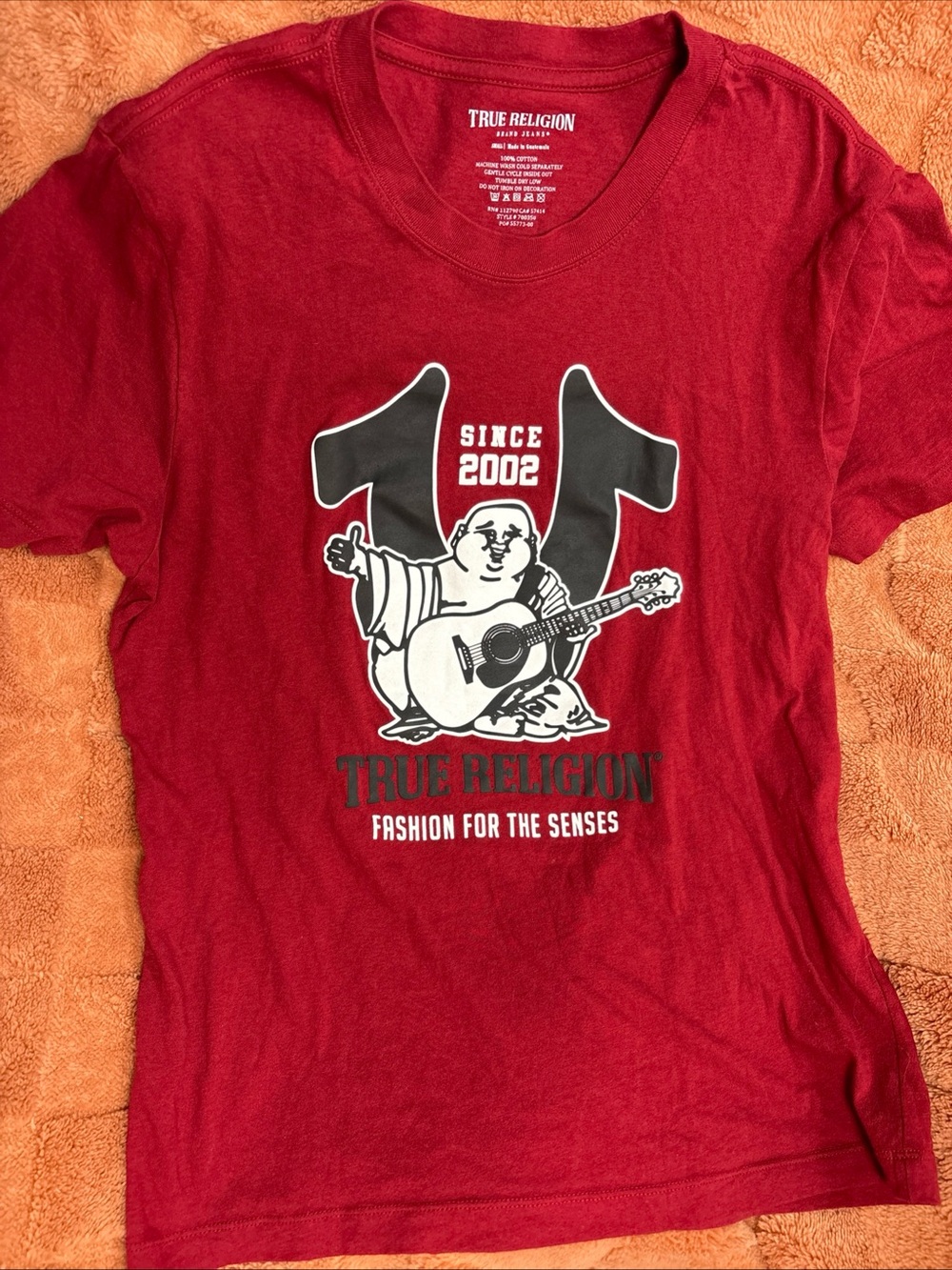 True Religion Red Graphic Tee with Buddha Guitar